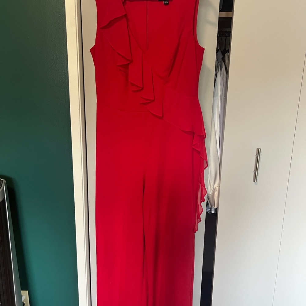 Connected Apparel Red Sleeveless Jumpsuit with Ruffle Detail